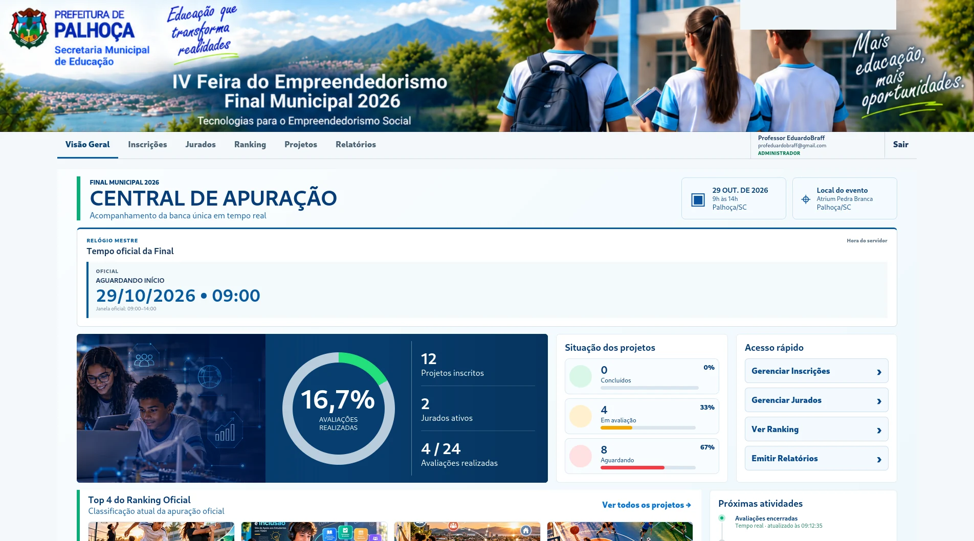 Captura real da Central de Apuração, com relógio mestre, progresso e situação dos projetos